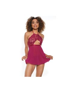 Scallop Stretch Lace & Sheer Mesh Halter Babydoll & Adjustable Thong